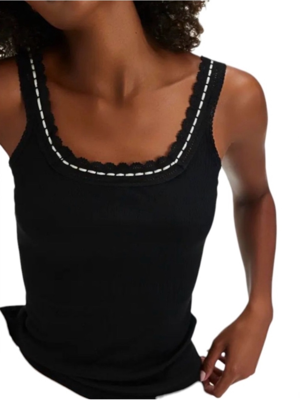 Free People Black Lace-Trim Ribbed Tank